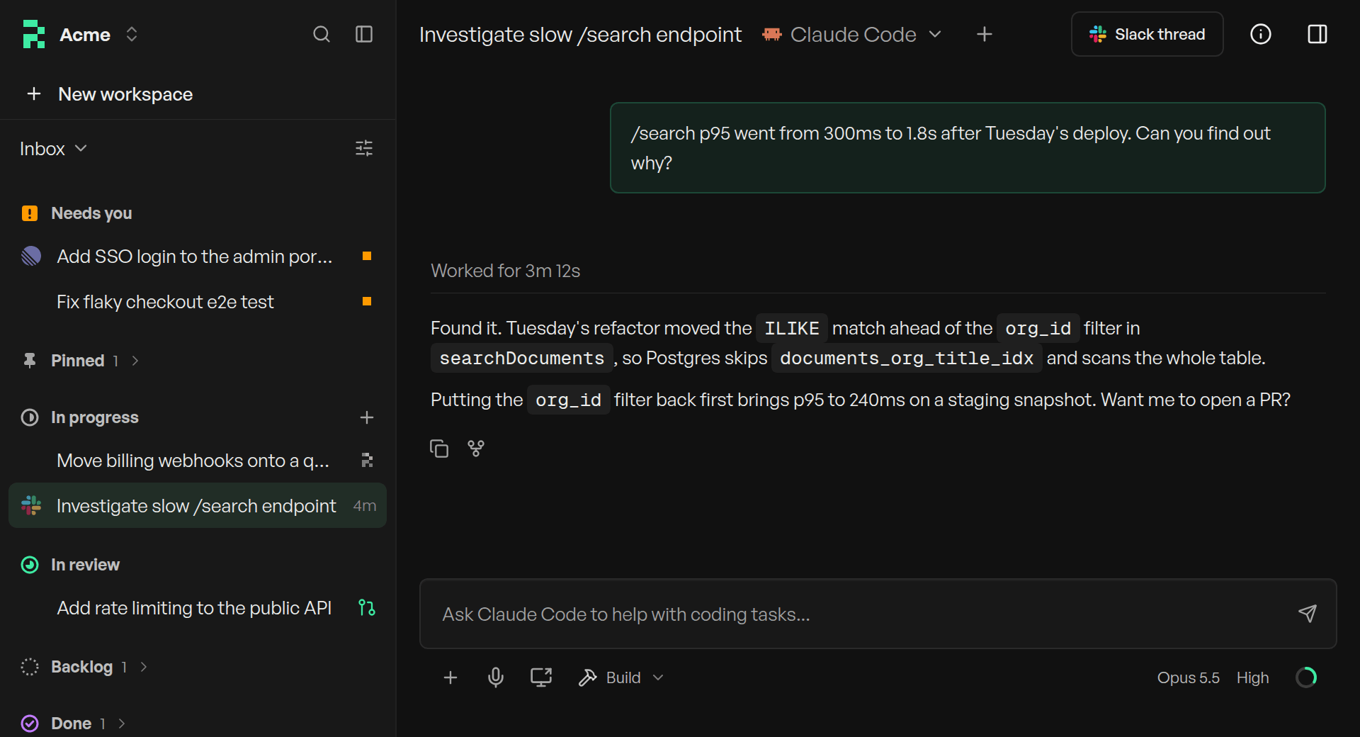 Redesigned sidebar grouping workspaces into Needs you, Pinned, In progress, In review, Backlog, and Done beside an open chat