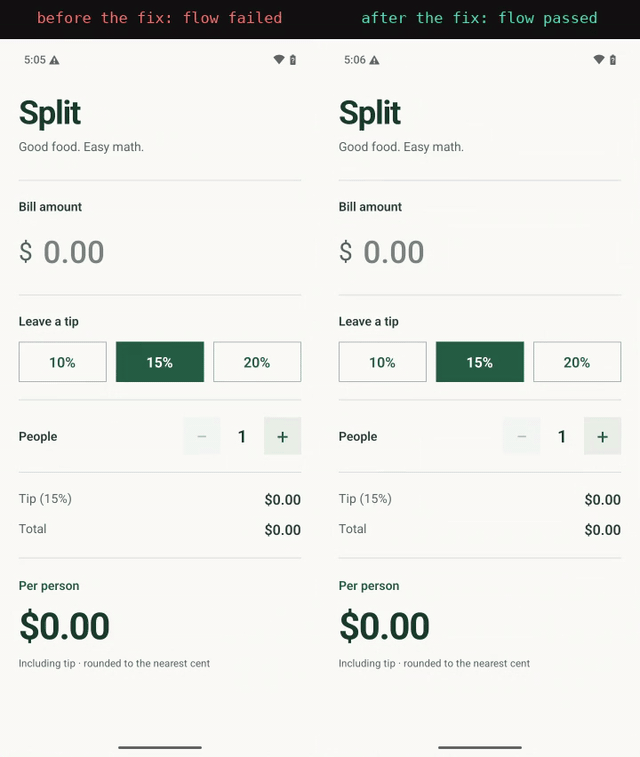 The comma flow on Android before and after the fix: $8460 and $3,384.00 per person on the left, $84,60 and $33.84 on the right