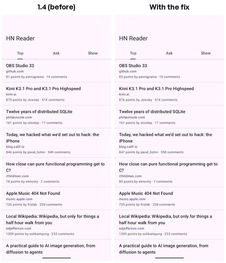 Side by side on an Android 15 emulator: version 1.4 drops to the home screen when Ask is tapped, while the fixed build lists Ask HN posts
