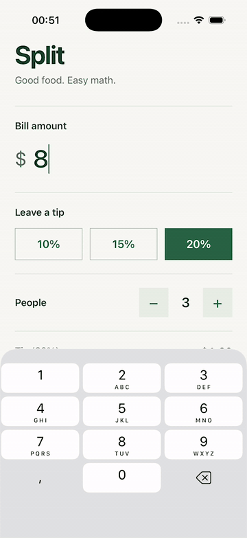 Tapping 8, 4, comma, 6, 0 on the iOS keypad: the comma is dropped, the bill becomes $8460, and the app shows $3,384.00 per person